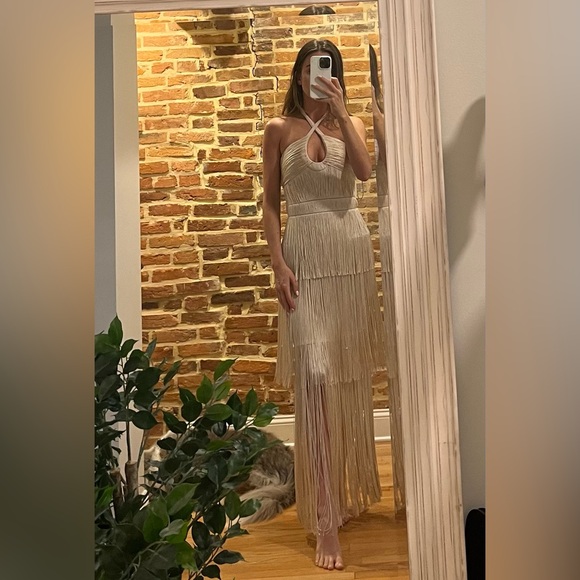 Baldwin Draped Fringe Halter Dress in Champagne - Picture 3 of 5